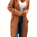Women’s longline cable knit cardigan in tan, open front with shawl collar