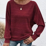Burgundy striped knit pullover with batwing sleeves and ribbed cuffs, relaxed fit