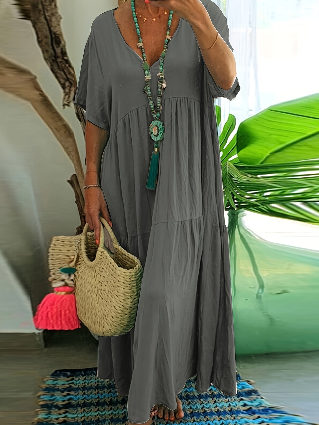 Plus size tummy control tiered ruffle maxi dress, gray, short sleeves, V-neck