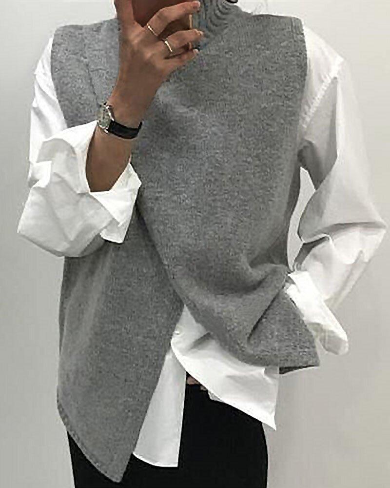 Loose knit sleeveless top, gray with asymmetric hem and draped front