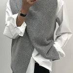 Loose knit sleeveless top, gray with asymmetric hem and draped front