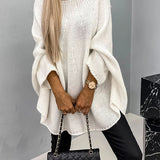 Women’s round-neck knit sweater, off-white, long batwing sleeves, loose drape