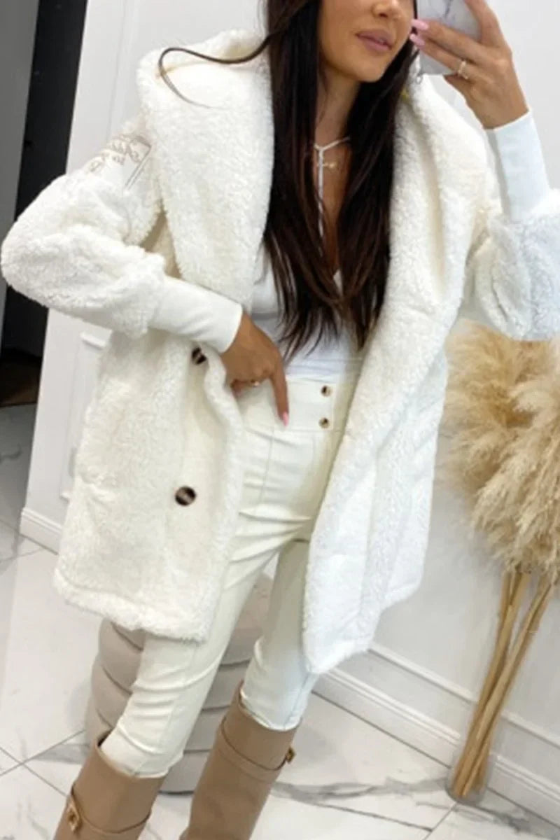 Plush hooded jacket, white, long sleeves with front button closures