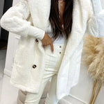 Plush hooded jacket, white, long sleeves with front button closures
