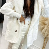 Plush hooded jacket, white, long sleeves with front button closures