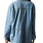 Light blue oversized denim pullover, back view, dropped shoulder and curved hem