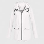 White hooded zip-up jacket with drawstring, front pockets, and buttoned flap closures