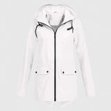 White hooded zip-up jacket with drawstring, front pockets, and buttoned flap closures