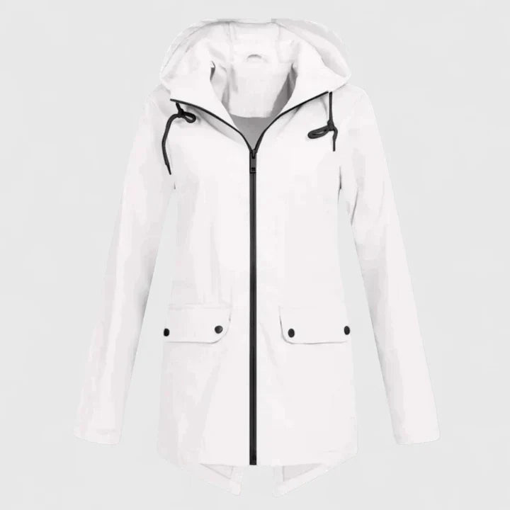 White hooded zip-up jacket with drawstring, front pockets, and buttoned flap closures