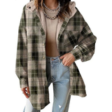 Plaid hooded shacket jacket with sherpa-lined collar, olive and cream plaid, button front