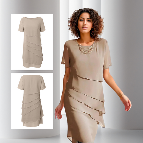 Beige layered chiffon dress, short sleeves, tiered front and back views