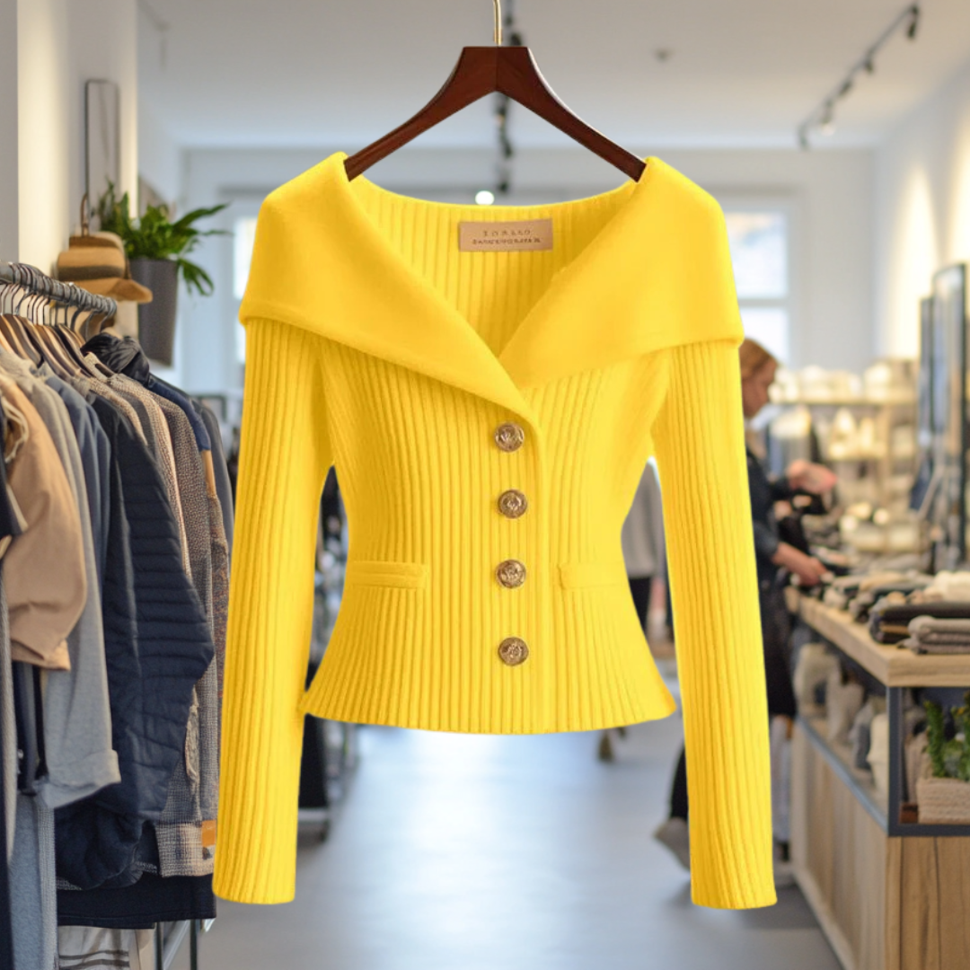 Yellow ribbed knit button-front top with long sleeves and peplum hem