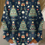 Women’s holiday crewneck top, blue with colorful trees, gifts, and front buttons