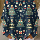 Women’s holiday crewneck top, blue with colorful trees, gifts, and front buttons