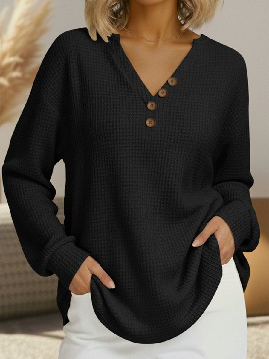 Signe™ soft henley sweater, black textured knit, long sleeves, button V-neck