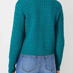 Teal knit cardigan back view with textured stitch pattern and ribbed hem