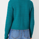 Teal knit cardigan back view with textured stitch pattern and ribbed hem