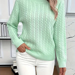 Relaxed cable-knit pullover, light mint crew neck, long sleeves