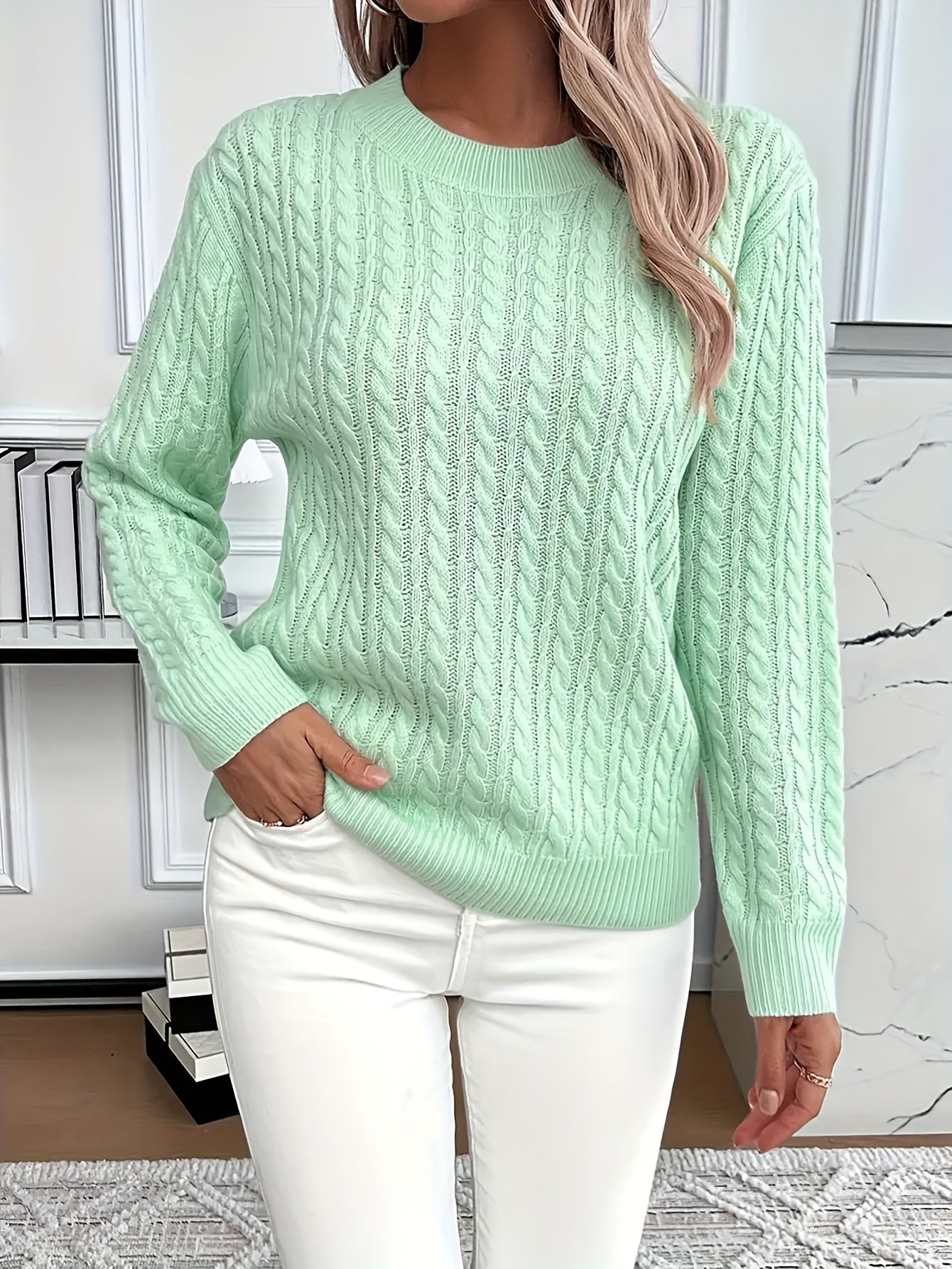 Relaxed cable-knit pullover, light mint crew neck, long sleeves