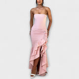 Zuri - Maxikleid mit schulterfreien Trägern und asymmetrischem Saum