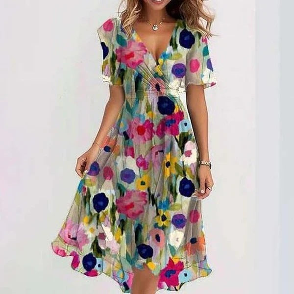 Knee-length floral print wrap dress with short sleeves and V-neck, gathered waist