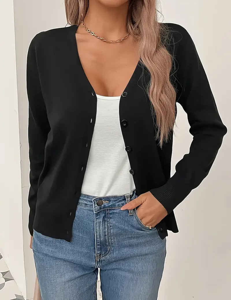 Odele™ minimalist cardigan, black, V-neck button front, long sleeves