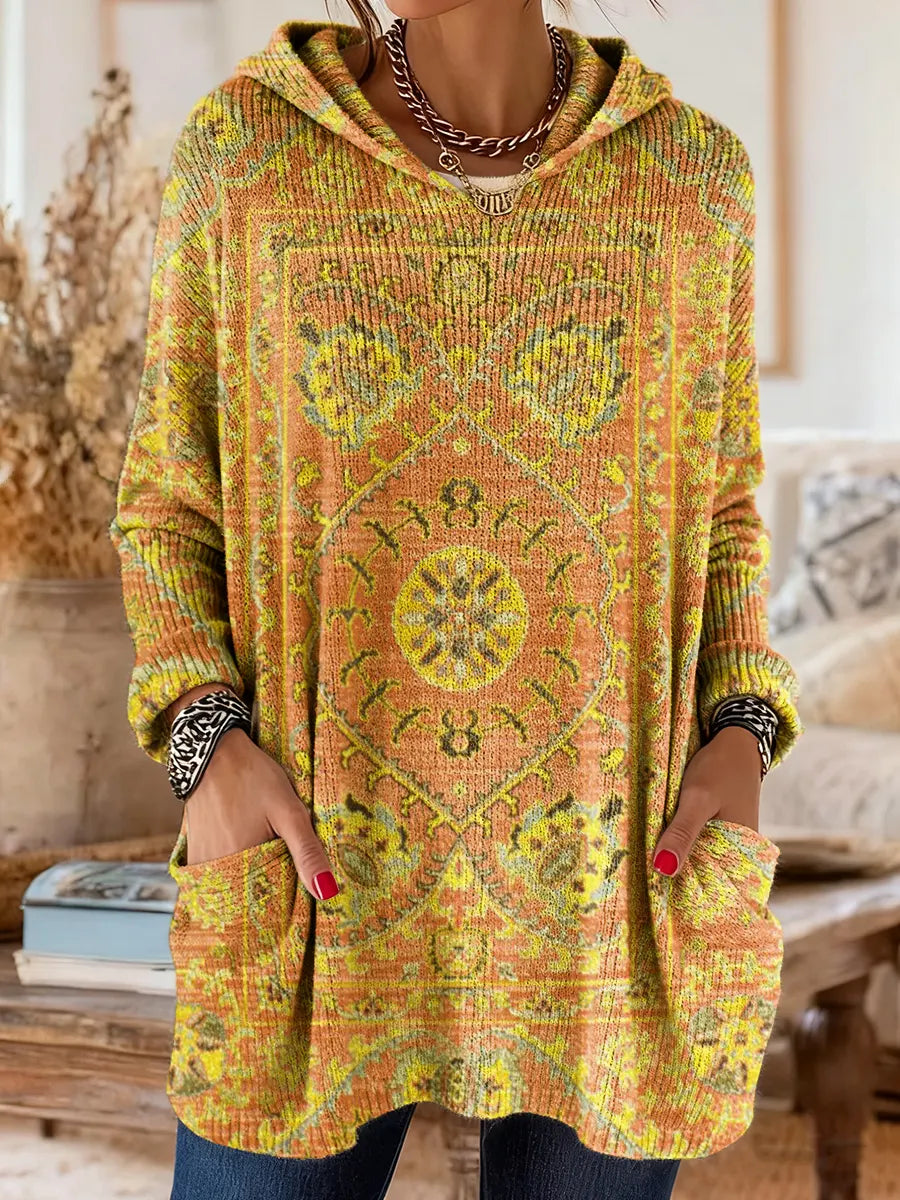 Vintage-inspired hooded knit tunic with front pockets, yellow orange multicolor ethnic print