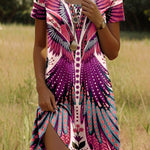 Bohemian print dress with short sleeves, pink base with circular dotted details and floral touches