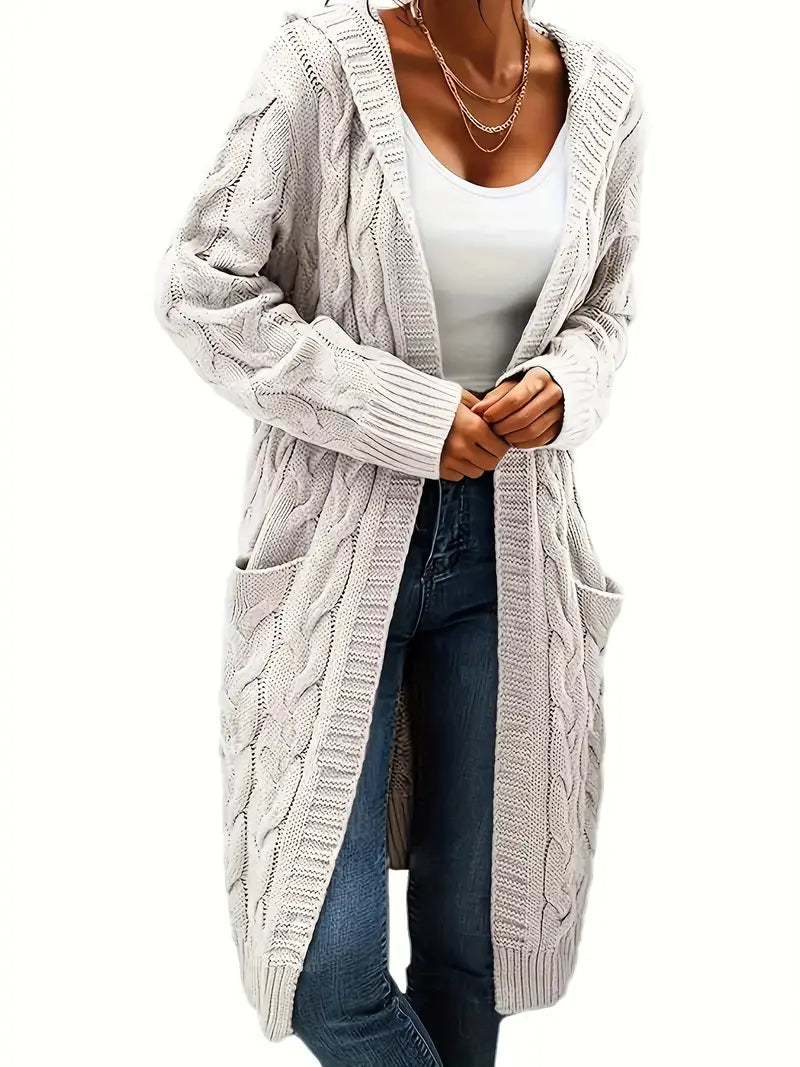Women’s longline cable knit cardigan in white, open front with shawl collar