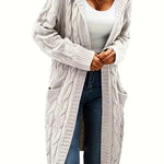 Women’s longline cable knit cardigan in white, open front with shawl collar