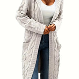 Women’s longline cable knit cardigan in white, open front with shawl collar