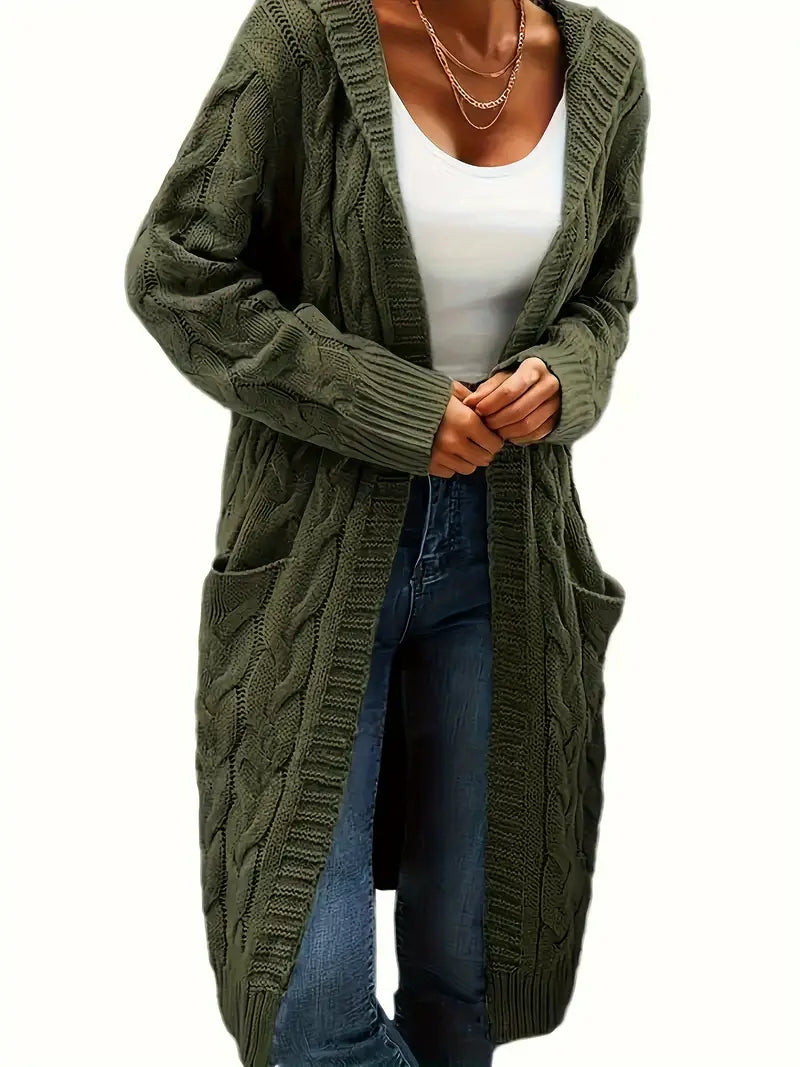 Women’s longline cable knit cardigan in olive green, open front with shawl collar