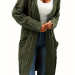 Women’s longline cable knit cardigan in olive green, open front with shawl collar
