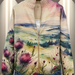 Women's knit cardigan, full-zip cream knit with landscape and thistle pattern