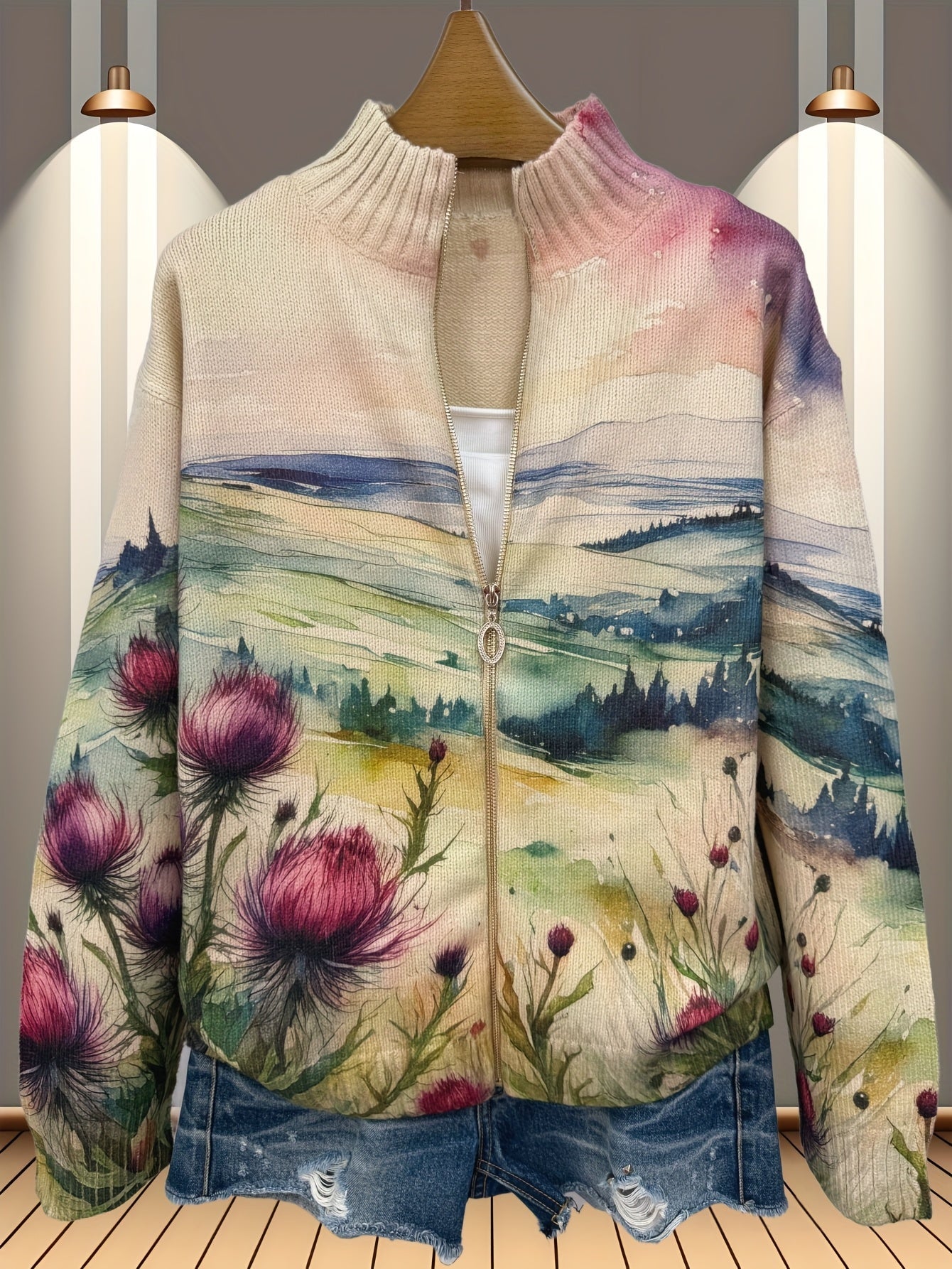 Women's knit cardigan, full-zip cream knit with landscape and thistle pattern