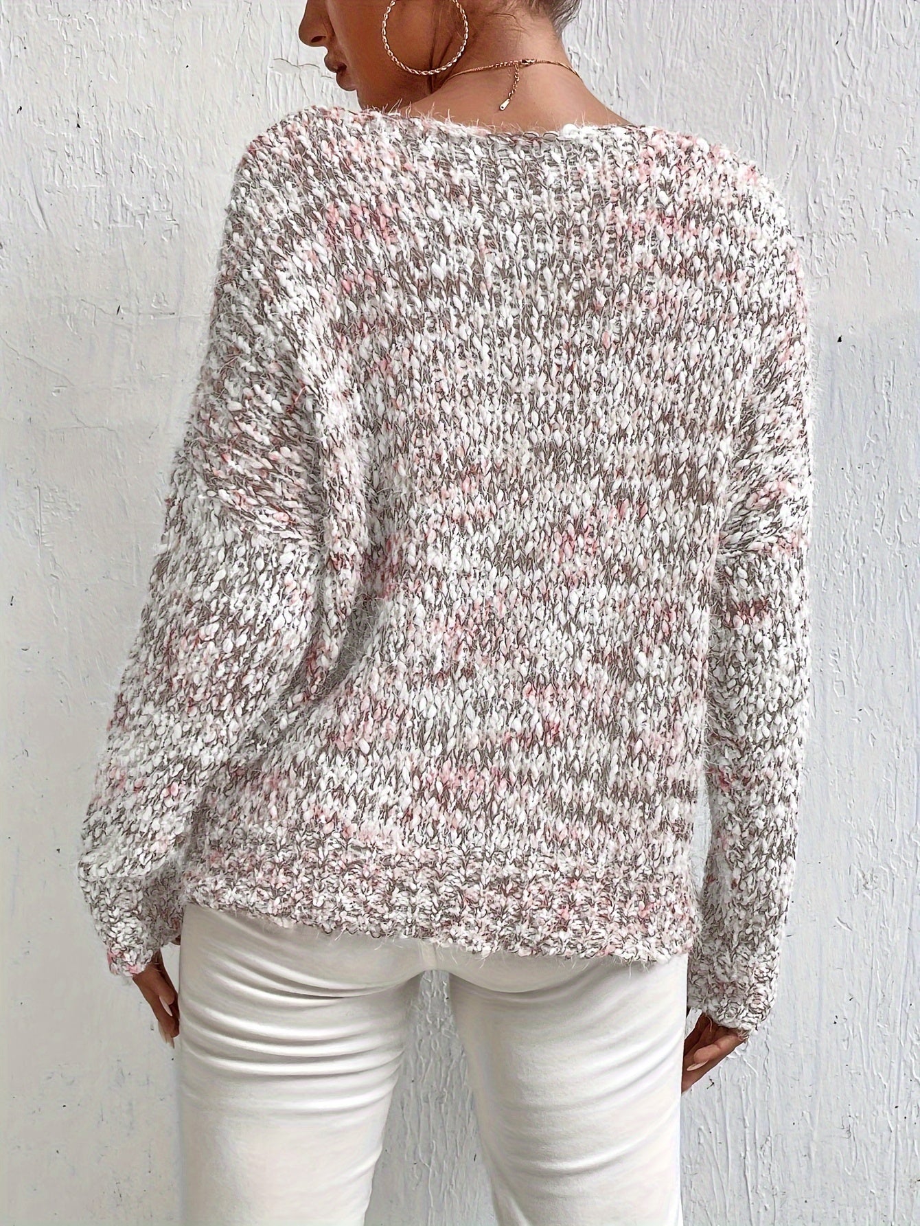 Serina™ speckled long-sleeve pullover sweater, relaxed fit, red-gray white knit