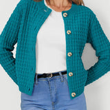 Teal button-front knit cardigan with rounded neckline and long sleeves, front view
