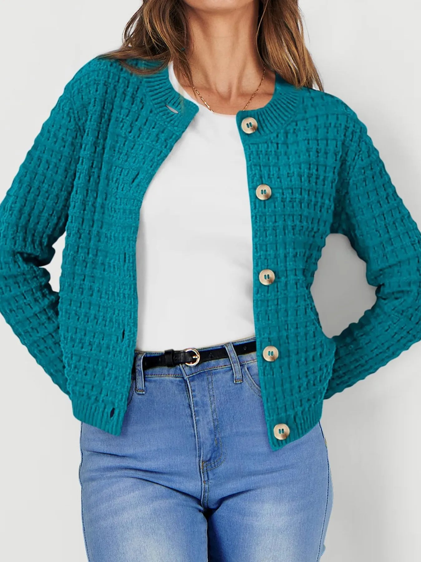 Teal button-front knit cardigan with rounded neckline and long sleeves, front view