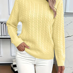 Relaxed cable-knit pullover, pale yellow crew neck, long sleeves