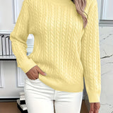Relaxed cable-knit pullover, pale yellow crew neck, long sleeves