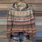 Cozy ethno knit hoodie sweater, burgundy and multicolor fair isle stripes, long sleeves