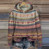 Cozy ethno knit hoodie sweater, burgundy and multicolor fair isle stripes, long sleeves