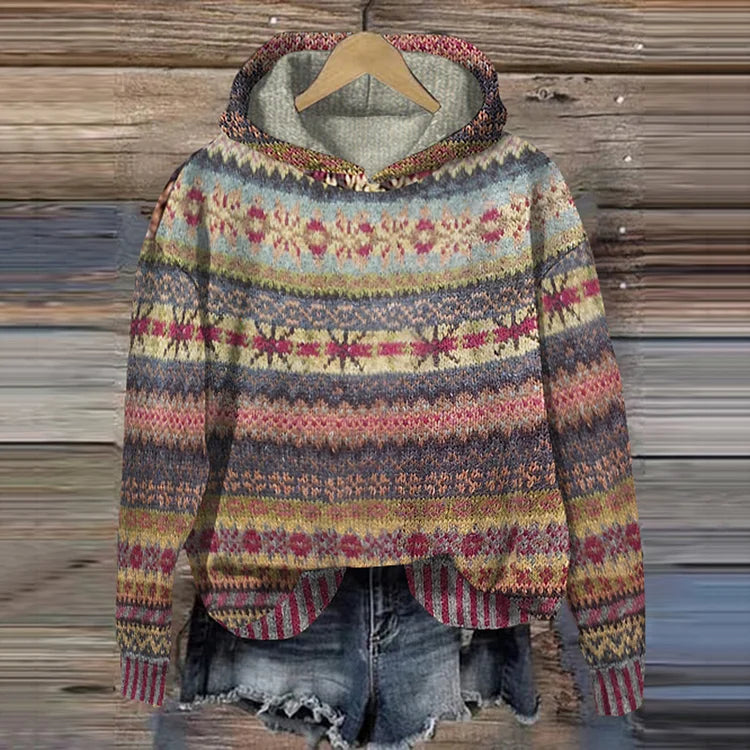 Cozy ethno knit hoodie sweater, burgundy and multicolor fair isle stripes, long sleeves