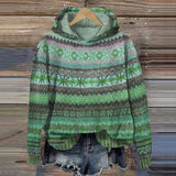 Cozy ethno knit pullover hoodie, green multicolor striped pattern, ribbed cuffs