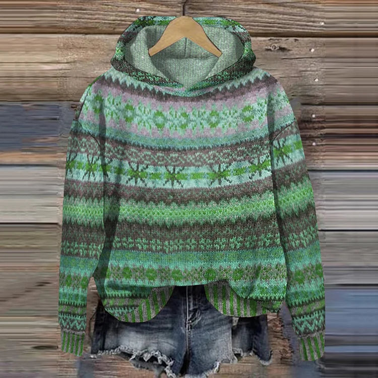 Cozy ethno knit pullover hoodie, green multicolor striped pattern, ribbed cuffs