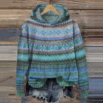 Cozy ethno knit hoodie sweater, green and blue fair isle stripes, long sleeves