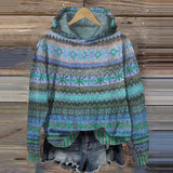 Cozy ethno knit hoodie sweater, green and blue fair isle stripes, long sleeves