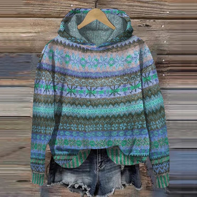 Cozy ethno knit hoodie sweater, green and blue fair isle stripes, long sleeves