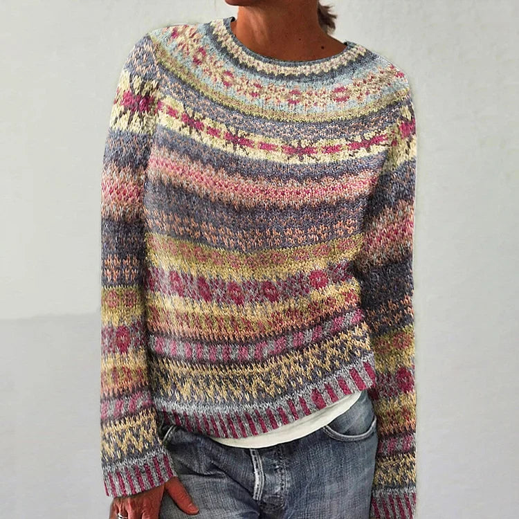Multicolor striped knit pullover sweater with crew neck and long sleeves