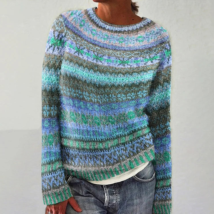 Multicolor knit pullover sweater with crew neck, long sleeves, ribbed cuffs and hem.